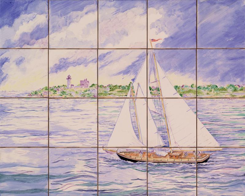 hand painted tile,cape cod,lighthouse,nobska light,sailboat,susan davies tile